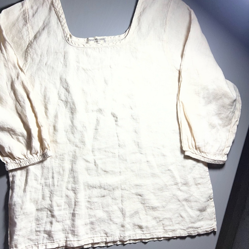 Terzo Millennio size L Classic Cream Linen Women's Square-Neck Top